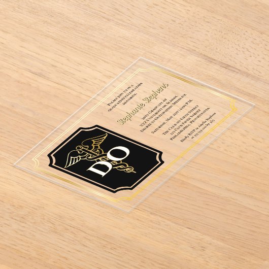 Elegant Black | Gold Doctor DO Graduation Party Acryleinladungen (Ablage )