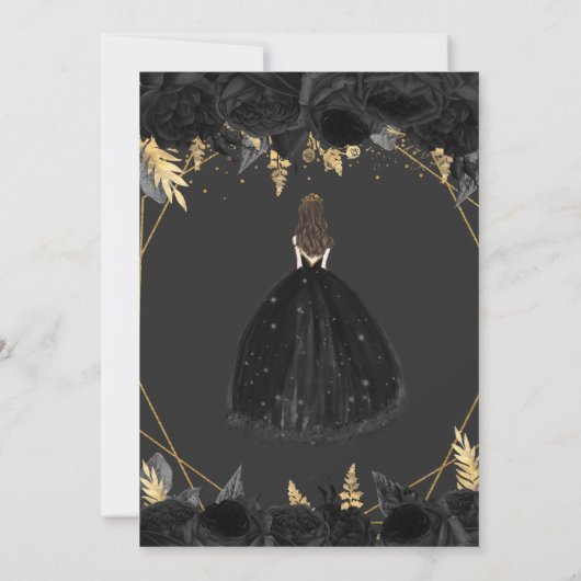 Elegant Black Gold Floral Princess Quinceañera Inv Einladung (Rückseite)