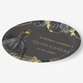 Elegant Black Gold Floral Princess Quinceanera Pappteller (Schrägansicht)