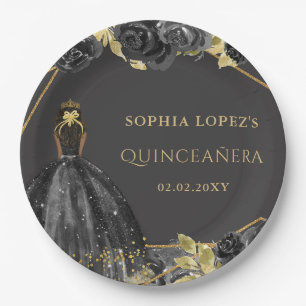 Elegant Black Gold Floral Princess Quinceanera Pappteller
