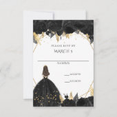 Elegant Black Gold Floral Princess Quinceanera RSVP Karte (Vorderseite)