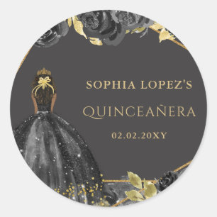 Elegant Black Gold Floral Princess Quinceanera Runder Aufkleber