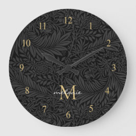 Elegant Black Gold Floral Script Monogram Große Wanduhr