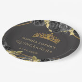 Elegant Black Gold Floral Tiara Quinceanera Pappteller (Schrägansicht)