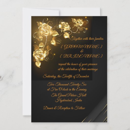 Elegant Black & Gold Floral Wedding Invitation Einladung (Vorderseite)
