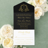 Elegant Black Gold Foil Crest Monogram Wedding All-in-One-Einladung