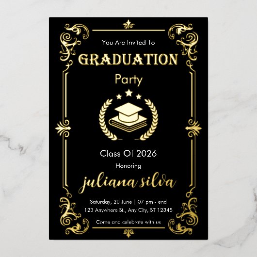 Elegant Black & Gold Foil Graduation Invitation Folieneinladung (Vorderseite)