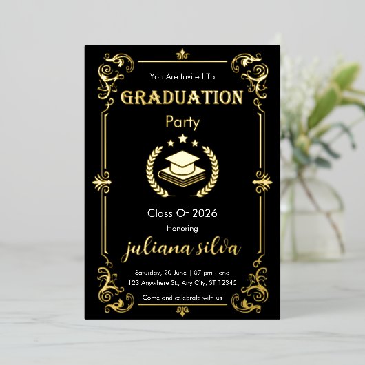 Elegant Black & Gold Foil Graduation Invitation Folieneinladung (Stehend vorne)