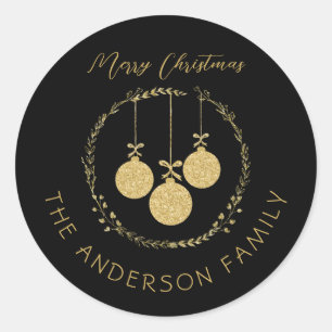 Elegant Black Gold Frohe Weihnachtsfamilie Name Runder Aufkleber