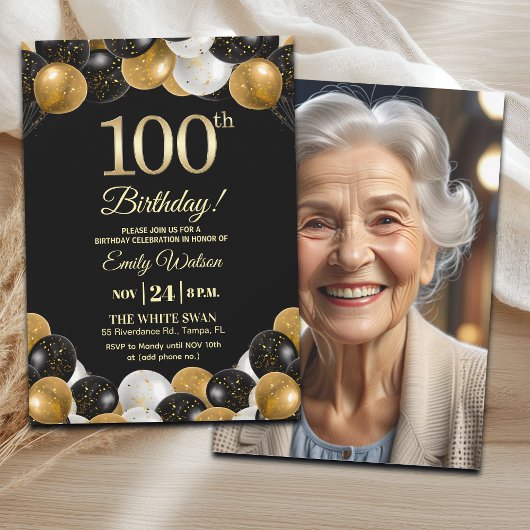 Elegant Black Gold Glitter 100th Birthday Photo Einladung