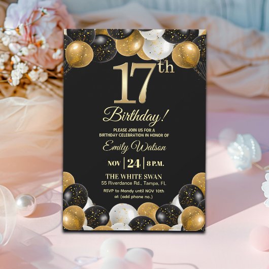 Elegant Black Gold Glitter 17th Birthday Party Einladung