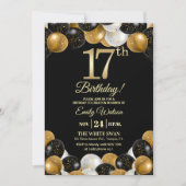 Elegant Black Gold Glitter 17th Birthday Photo Einladung (Vorderseite)
