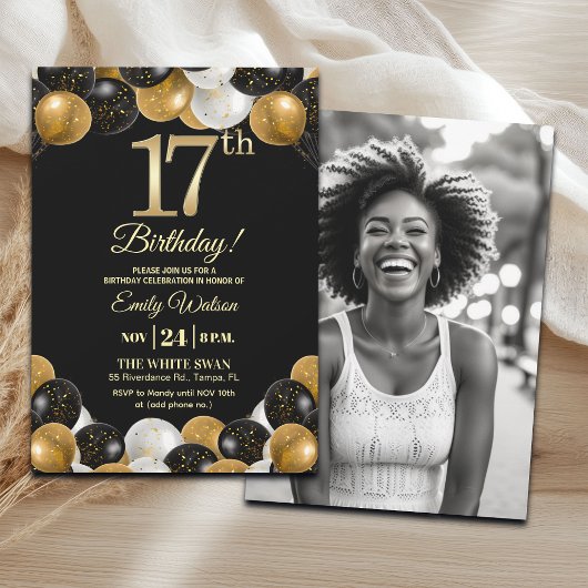 Elegant Black Gold Glitter 17th Birthday Photo Einladung