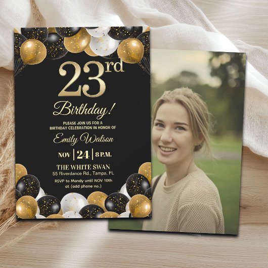 Elegant Black Gold Glitter 23rd Birthday Photo Einladung
