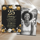 Elegant Black Gold Glitter 25th Birthday Photo Einladung