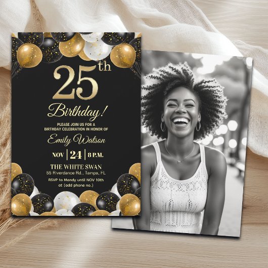 Elegant Black Gold Glitter 25th Birthday Photo Einladung