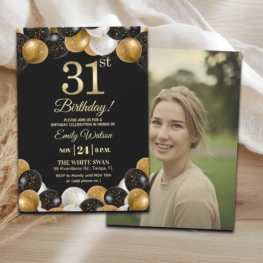 Elegant Black Gold Glitter 31st Birthday Photo Einladung