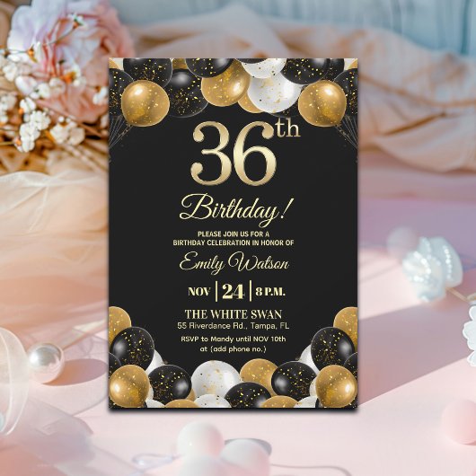 Elegant Black Gold Glitter 36th Birthday Party Einladung