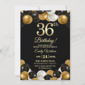 Elegant Black Gold Glitter 36th Birthday Party Einladung (Vorderseite)