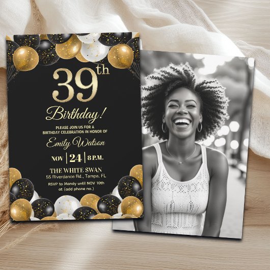 Elegant Black Gold Glitter 39th Birthday Photo Einladung