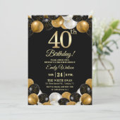 Elegant Black Gold Glitter 40th Birthday Photo Einladung (Stehend Vorderseite)