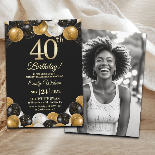 Elegant Black Gold Glitter 40th Birthday Photo Einladung