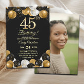 Elegant Black Gold Glitter 45th Birthday Photo Einladung