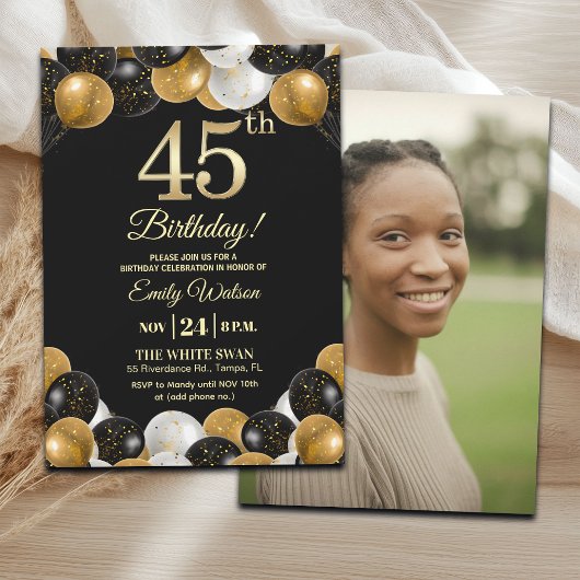 Elegant Black Gold Glitter 45th Birthday Photo Einladung