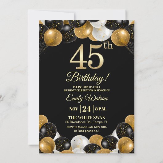 Elegant Black Gold Glitter 45th Birthday Photo Einladung (Vorderseite)