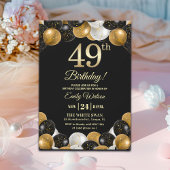 Elegant Black Gold Glitter 49th Birthday Party Einladung