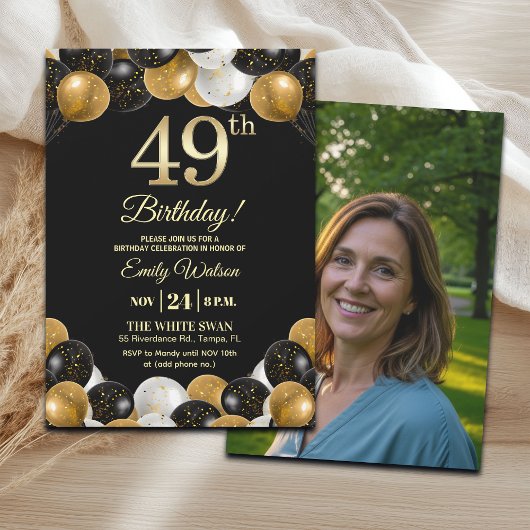 Elegant Black Gold Glitter 49th Birthday Photo Einladung
