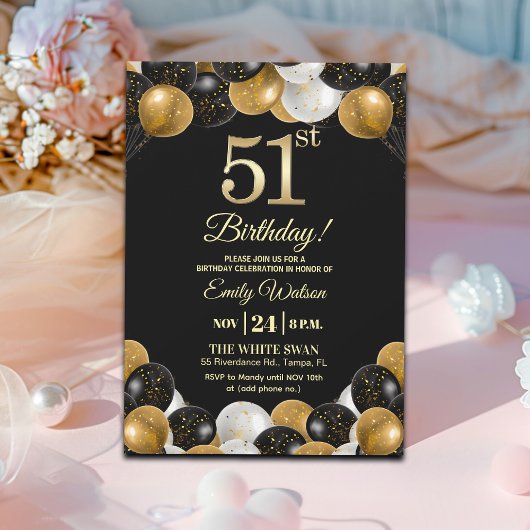 Elegant Black Gold Glitter 51st Birthday Party Einladung
