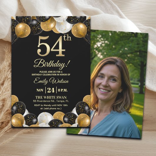 Elegant Black Gold Glitter 54th Birthday Photo Einladung