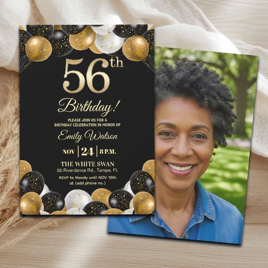 Elegant Black Gold Glitter 56th Birthday Photo Einladung