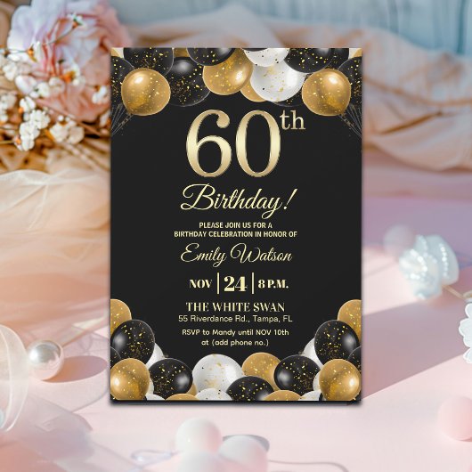 Elegant Black Gold Glitter 60th Birthday Party Einladung