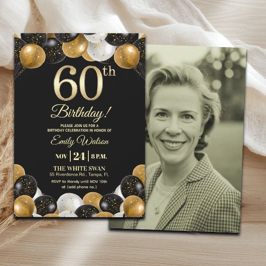 Elegant Black Gold Glitter 60th Birthday Photo Einladung