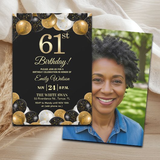 Elegant Black Gold Glitter 61st Birthday Photo Einladung