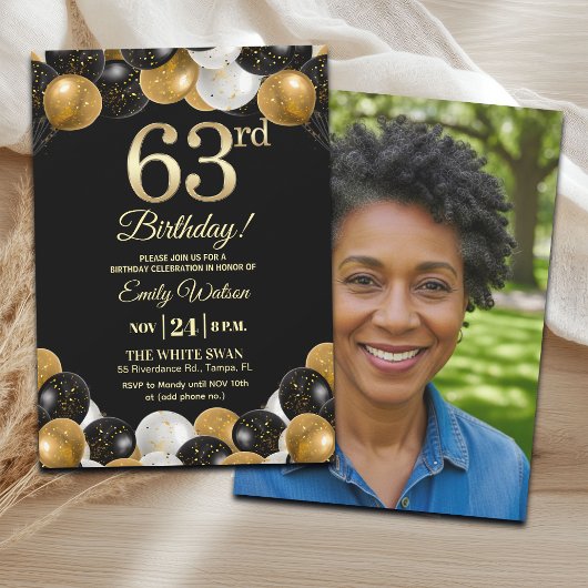 Elegant Black Gold Glitter 63rd Birthday Photo Einladung
