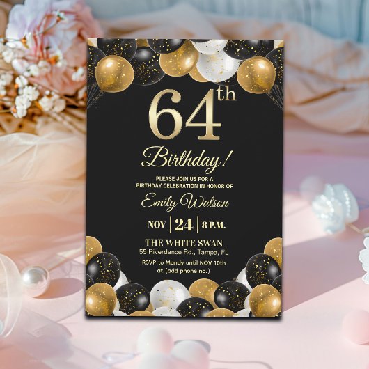 Elegant Black Gold Glitter 64th Birthday Party Einladung