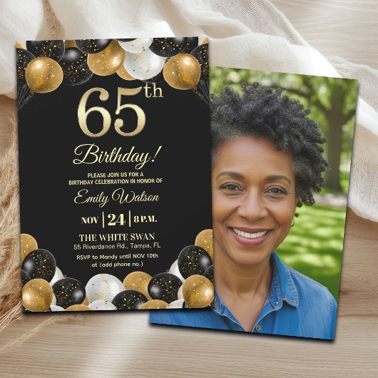 Elegant Black Gold Glitter 65th Birthday Photo Einladung