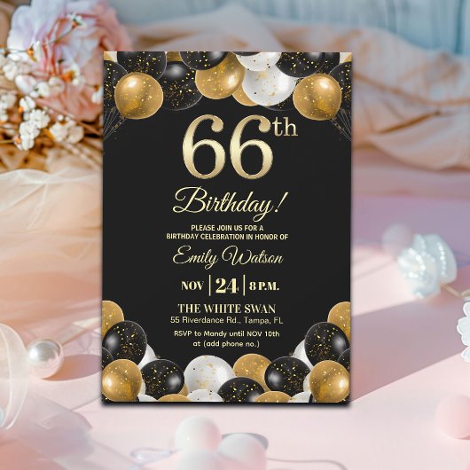 Elegant Black Gold Glitter 66th Birthday Party Einladung