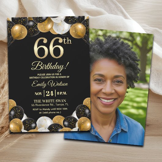 Elegant Black Gold Glitter 66th Birthday Photo Einladung