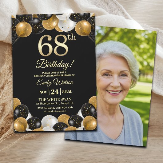 Elegant Black Gold Glitter 68th Birthday Photo Einladung