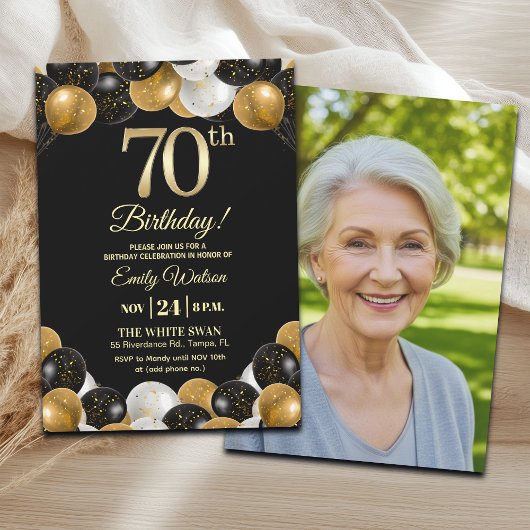 Elegant Black Gold Glitter 70th Birthday Photo Einladung