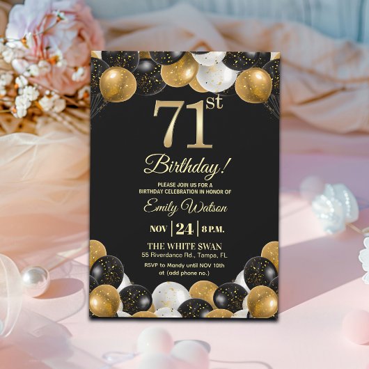 Elegant Black Gold Glitter 71st Birthday Party Einladung