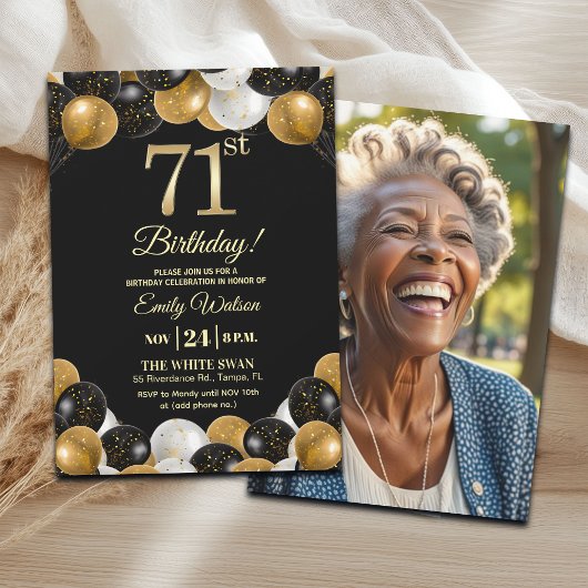 Elegant Black Gold Glitter 71st Birthday Photo Einladung