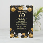 Elegant Black Gold Glitter 75th Birthday Party Einladung (Stehend Vorderseite)