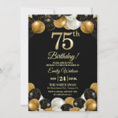 Elegant Black Gold Glitter 75th Birthday Photo Einladung (Vorderseite)