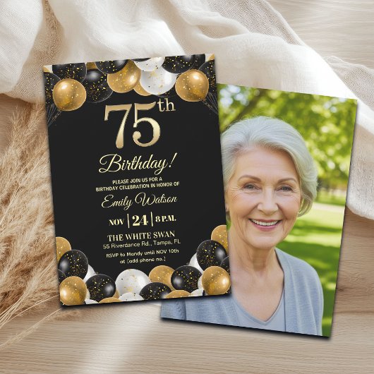 Elegant Black Gold Glitter 75th Birthday Photo Einladung