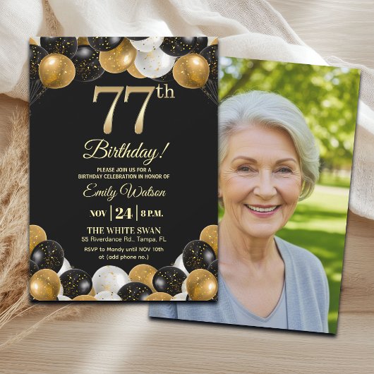 Elegant Black Gold Glitter 77th Birthday Photo Einladung